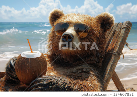 Bear in sunglasses enjoying a coconut drink 124607851