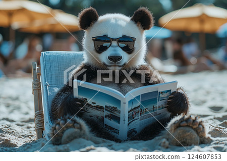Panda wearing sunglasses reading a travel magazine 124607853