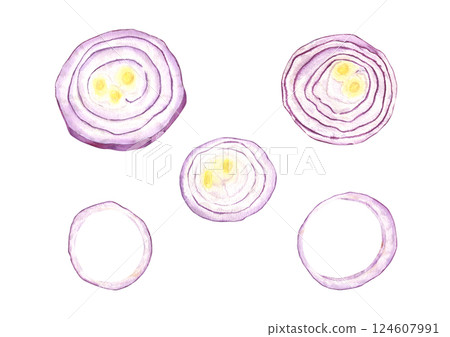 Fresh red onion rings clip art watercolor illustration isolated background. Hand painted round purple vegetable slices for food branding, healthy eating concept, culinary design. Farm to table food 124607991