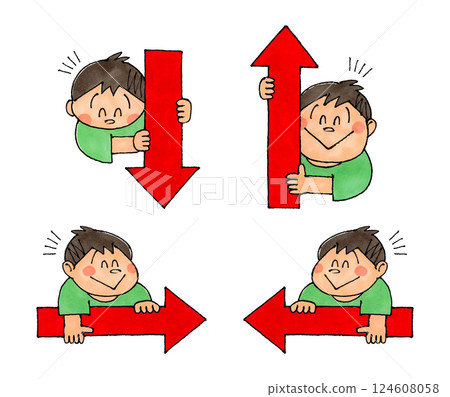 A boy holding up, down, left and right arrows 124608058