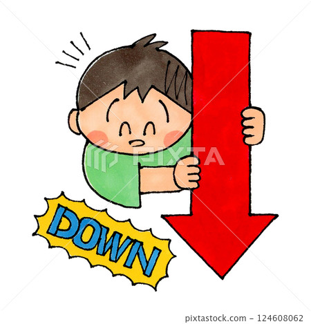 Boy holding a down arrow (DOWN) 124608062