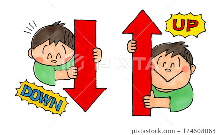 男孩舉著向上和向下箭頭（向上/向下） 124608063