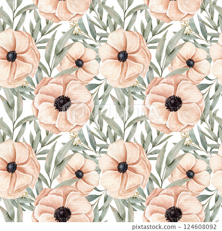 Watercolor seamless hand drawn pattern with different of peachy pink anemones in blossoming flowers and eucalyptus branches on a white background 124608092