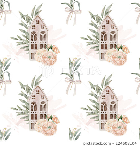 Watercolor hand drawn seamless pattern with two compositions of decorative house with ranunculus and eucalyptus, bouquet with ecalyptus tied with a bow 124608104