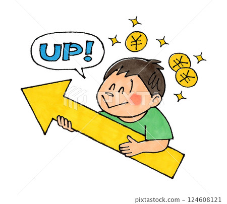 Boy holding an upward arrow (pocket money, money up) Boy holding an upward arrow (pocket money, money up) 124608121