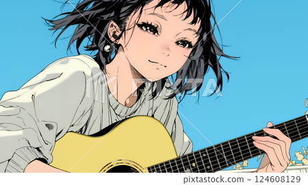 彈吉他的年輕女子 124608129