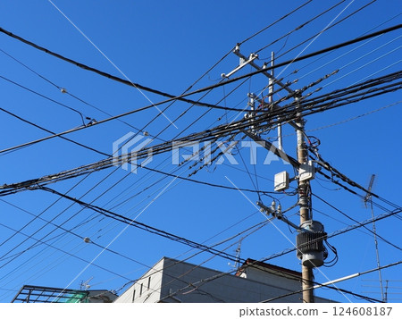 A refreshing blue sky and a utility pole A refreshing blue sky and a utility pole 124608187