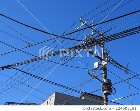 A refreshing blue sky and a utility pole A refreshing blue sky and a utility pole 124608191