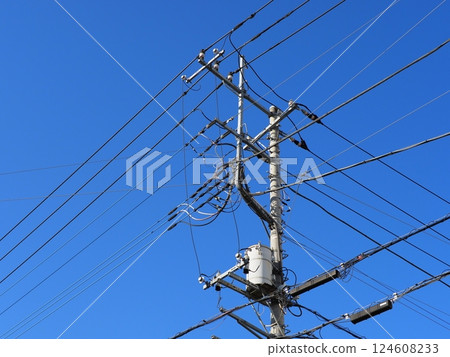 A refreshing blue sky and a utility pole A refreshing blue sky and a utility pole 124608233