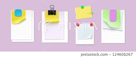 Paper notes collection pinned with binder clips Paper notes collection pinned with binder clips 124608267