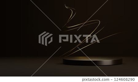 Round podium and golden line on black background 124608290