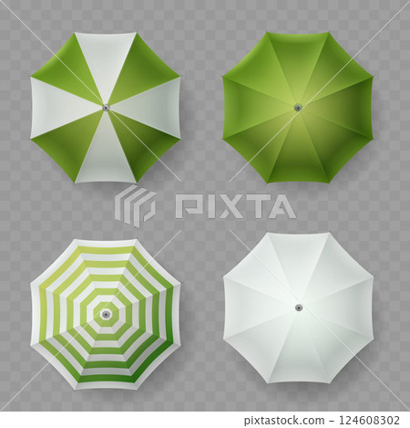 Green White Umbrella Set Beach Sunshade Top View Vector 124608302
