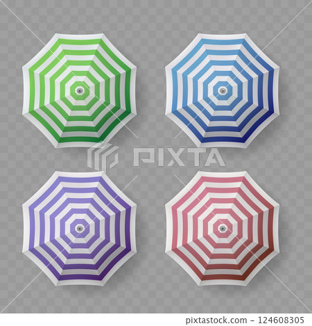 Striped Beach Umbrella Set Green Blue Purple Red Summer Vector Striped Beach Umbrella Set Green Blue Purple Red Summer Vector 124608305