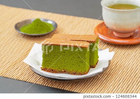 Matcha castella on a Japanese style background Matcha castella on a Japanese style background 124608344