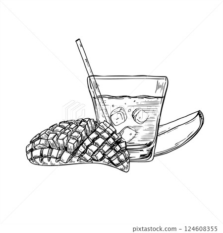 Half cut mango with cubes, slice fruit, glass of fresh mango juice line ink illustration in black and white. Tropical sweet dessert, drink with ice cubes and straw For beverage branding, summer menu 124608355