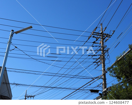 The railroad tracks continue. Electric wires and sky. The blue sky feels good. Copy space. The railroad tracks continue. Electric wires and sky. The blue sky feels good. Copy space. 124608477