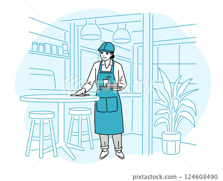 Cafe/restaurant: A waiter in an apron standing and wiping a table 124608490