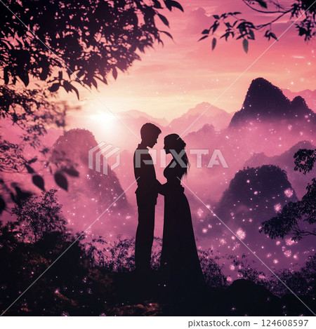 Lovers silhouetted at dusk AI image 124608597