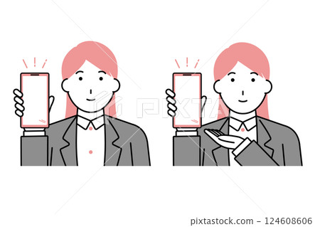 Illustration of a businesswoman showing a smartphone screen 124608606