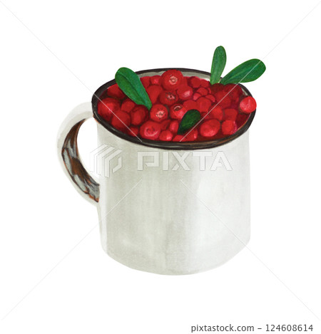 Cranberry in a tin. Detailed hand drawn watercolor illustration of red berries, some green leaves. Ideal for food-related artwork, kitchen prints, product packaging, and seasonal decorations 124608614