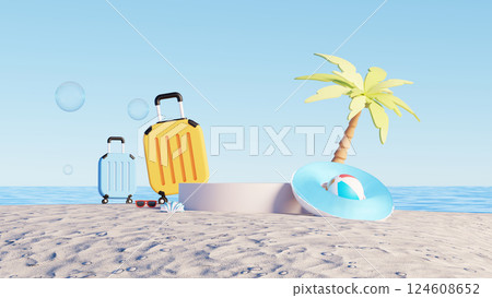 3D render, Empty podium on summer beach vacation background with palm tree and travel luggage 124608652