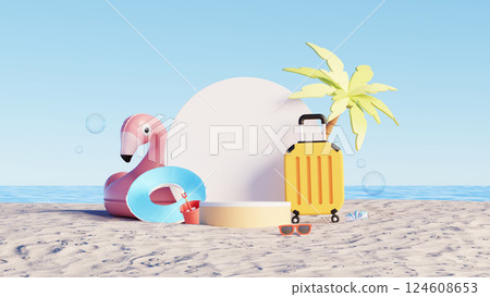 3D render, Summer background with display podium on tropical beach scene with inflatable flamingo and travel suitcase. 124608653