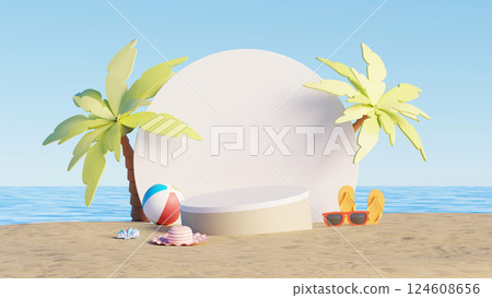 3D render, Tropical summer beach scene with empty podium, flip flops, sunglasses and palm trees 124608656