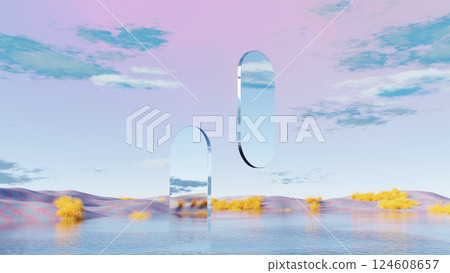 3D render, Surreal landscape with floating mirrors over colorful hills and water 124608657