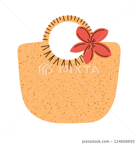 Flat cartoon illustration of stylish woven beach bag decorated with tropical flower. Vector doodle icon for summer vacations, tropical getaways, beach trips, and womens travel accessories 124608693