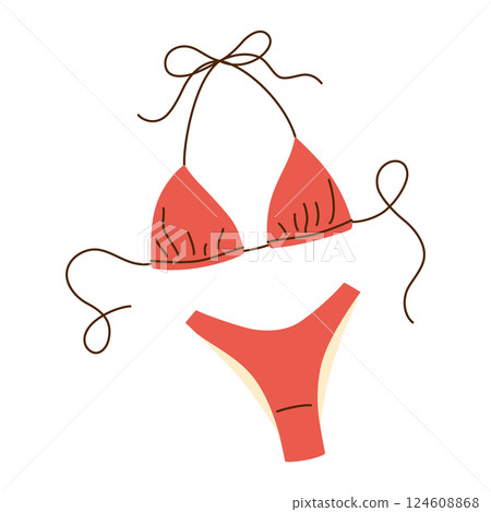 Flat cartoon illustration of bikini swimsuit. Simple and stylish summer beachwear, doodle vector icon for vacations, tropical resorts, swimming, sunbathing, womens fashion, isolated colored clipart Flat cartoon illustration of bikini swimsuit. Simple and stylish summer beachwear, doodle vector icon for vacations, tropical resorts, swimming, sunbathing, womens fashion, isolated colored clipart 124608868