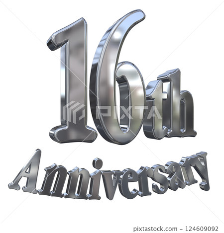 3DCG 字母“16 週年/16 週年紀念標誌閃光”銀色，銀色 124609092