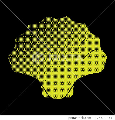 Pixel pearl oyster shell halftone silhouette icon. Closed sea shell icon. Scallop, edible shellfish and seafood. Simple black and yellow vector isolated on black Pixel pearl oyster shell halftone silhouette icon. Closed sea shell icon. Scallop, edible shellfish and seafood. Simple black and yellow vector isolated on black 124609255