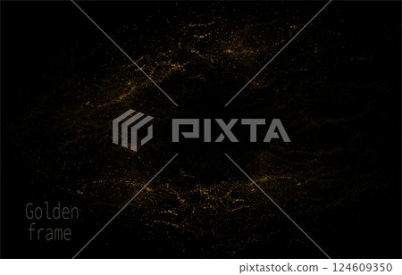 Isolated abstract frame made of gold mosaic on black background, design component 124609350