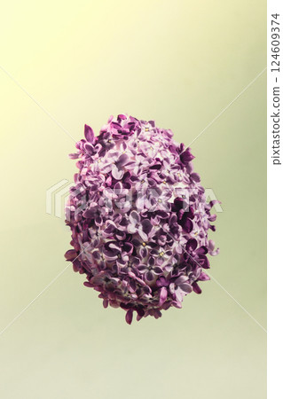 Easter egg made of lilac spring flowers levitating in pastel green background. Sustainable holiday minimalistic still life composition. Copy space template for invitation greeting card Easter egg made of lilac spring flowers levitating in pastel green background. Sustainable holiday minimalistic still life composition. Copy space template for invitation greeting card 124609374