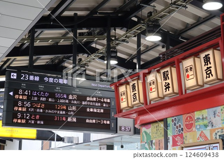 Tokyo Station Shinkansen departure information board Ekiben shop 124609438