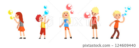 Children Playing with Colorful Soap Bubbles Vector Set Children Playing with Colorful Soap Bubbles Vector Set 124609440