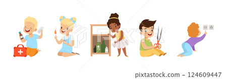 Kid Character in Dangerous Situation as Warning and Safety Attention Vector Set Kid Character in Dangerous Situation as Warning and Safety Attention Vector Set 124609447