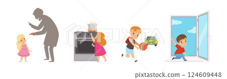 Kid Character in Dangerous Situation as Warning and Safety Attention Vector Set 124609448