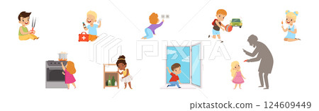 Kid Character in Dangerous Situation as Warning and Safety Attention Vector Set Kid Character in Dangerous Situation as Warning and Safety Attention Vector Set 124609449