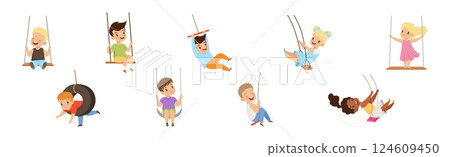 Happy Boy and Girl Character Swinging Have Fun Vector Set 124609450