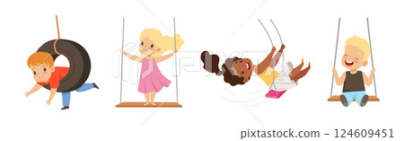 Happy Boy and Girl Character Swinging Have Fun Vector Set 124609451