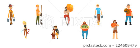 Funny Man and Woman Farmer Character Enjoy Horticulture and Agriculture Vector Set 124609479