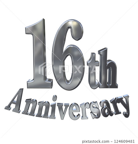 3DCG 字母“16 週年/16 週年紀念標誌閃光”銀色,銀色 3DCG 字母“16 週年/16 週年紀念標誌閃光”銀色,銀色 124609481