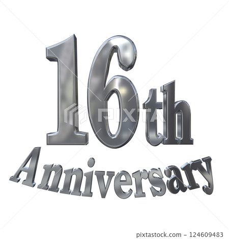 3DCG 字母“16 週年/16 週年紀念標誌閃光”銀色，銀色 124609483