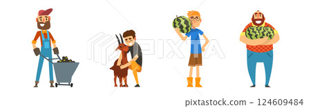 Funny Man Farmer Character Enjoy Horticulture and Agriculture Vector Set 124609484