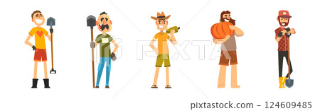 Funny Man Farmer Character Enjoy Horticulture and Agriculture Vector Set Funny Man Farmer Character Enjoy Horticulture and Agriculture Vector Set 124609485