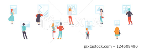 People Character in Art Gallery Looking at Pictures in Museum Vector Set 124609490
