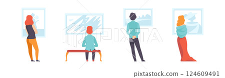 People Character in Art Gallery Looking at Pictures in Museum Vector Set 124609491