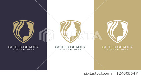 Beauty women shield logo and business card. good use for spa, beauty salon and fashion logo Beauty women shield logo and business card. good use for spa, beauty salon and fashion logo 124609547