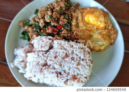 Thai Basil Pork with Fried Egg Thai Basil Pork with Fried Egg 124609549